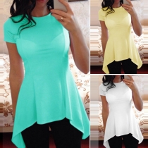 Fashion Solid Color Short Sleeve Round Neck Irregular Hem T-shirt