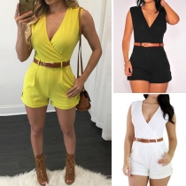 Sexiga djup V-ringad ärmlös hög midja jumpsuit med midjebälte