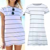 Fashion Short Sleeve Round Neck Striped T-shirt Dress