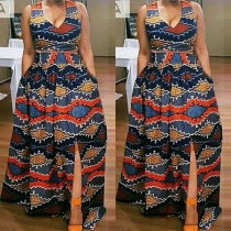 Sexy Sleeveless Deep V-neck Crop Tops + High Waist Slit Hem Maxi Skirt Two-piece Set