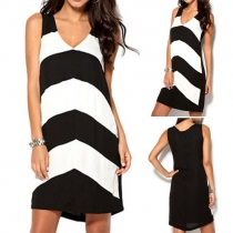 Fashion Sleeveless V-neck Striped Chiffon Dress