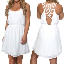 Sexy Backless Sleeveless Round Neck Solid Color Dress