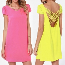 Sexy Backless Short Sleeve Round Neck Solid Color Chiffon Dress