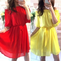 Sexy Slash Neck Half Sleeve Gathered Waist Solid Color Dress