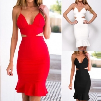 Sexy Backless V-neck Hollow Out High Waist Flouncing Hem Sling Dress