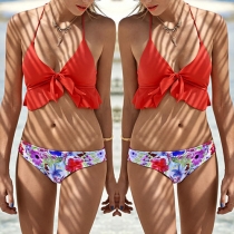 Sexy Flouncing Halter Bra + Printed Briefs Bikini Set
