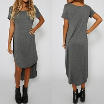 Fashion Solid Color Short Sleeve Round Neck High-low Hem Dress