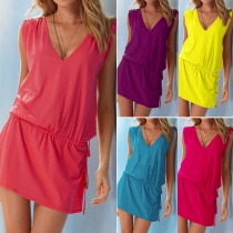 Sexy Backless V-neck Sleeveless Solid Color Beach Dress