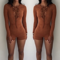 Sexy Lace-up Deep V-neck Long Sleeve Slim Fit Rompers
