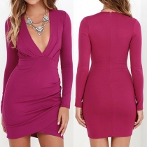 Sexy Deep V-neck Long Sleeve Solid Color Sheath Dress