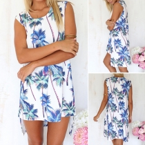 Fashion Sleeveless Round Neck High-low Hem Printed Dress