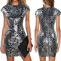 Fashion Short Sleeve Round Neck Slim Fit Sequin Dress