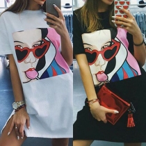 Fashion Cartoon Printed Short Sleeve Round Neck Dress