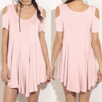 Sexy Off-shoulder Short Sleeve Round Neck Solid Color Dress