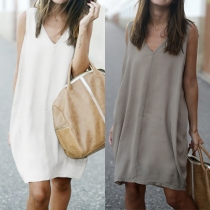 Fashion Solid Color Sleeveless V-neck Loose Dress