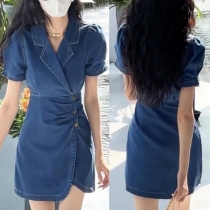 Fashion Short Sleeve V-neck Slim Fit Denim Dress with Waistband