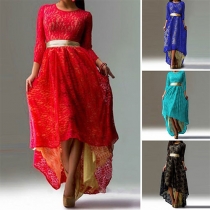 Elegant Solid Color 3/4 Sleeve Round Neck High-low Hem Lace Dress