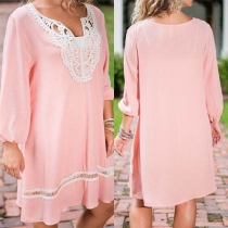 Fashion Lace Spliced Long Sleeve Loose Chiffon Dress