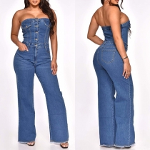 Sexiga jeansbyxor med hög midja och axelbandslös design