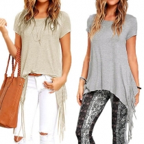 Fashion Solid Color Short Sleeve Round Neck Tassel Hem T-shirt