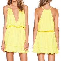 Sexy Deep V-neck Gathered Waist Solid Color Sling Dress