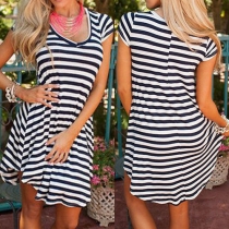 Fashion Short Sleeve Round Neck Loose Striped Dress