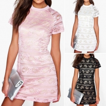 Fashion Short Sleeve Round Neck Slim Fit Lace Dress