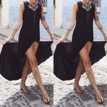 Sexy Gauze Spliced Sleeveless Round Neck Slit Hem Maxi Dress