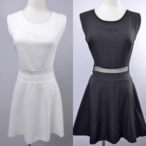 Sexy See-through Gauze Spliced High Waist Sleeveless Round Neck Dress