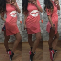 Fashion Lips Printed Short Sleeve Round Neck Slit Hem T-shirt Dress