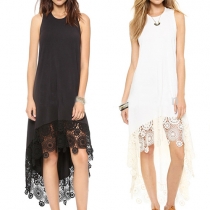 Fashion Lace Crochet Spliced Hem Sleeveless Round Neck Dress