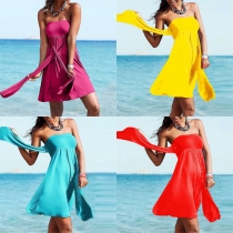 Sexy Strapless Solid Color Beach Dress