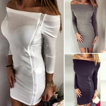 Sexy Slash Neck Long Sleeve Solid Color Slim Fit Dress