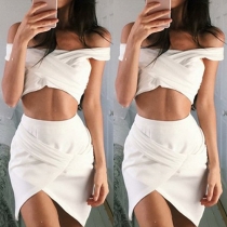 Sexy Slash Neck Crop Tops + High Waist Irregular Hem Bust Skirt Two-piece Set