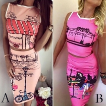 Fashion Printed Sleeveless Tops + High Waist Bust Skirt Two-piece Set