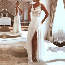 Sexy Deep V-neck Chiffon Spliced Slit Hem Sleeveless Beach Dress