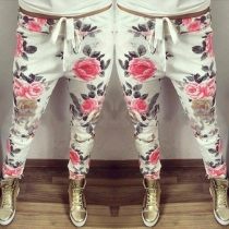 Fashion Elastic Waist Printed Casual Pants