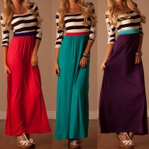 Fashion Lace Striped Spliced 3/4 Sleeve Round Neck Maxi Dress