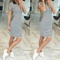 Fashion Short Sleeve POLO Collar Slim Fit Striped Dress