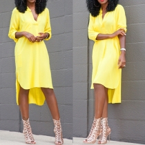 Fashion High-Low V-Neck Long-Sleeved Solid Color Midi Dress
