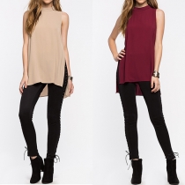 Fashion Solid Color High-low Slit Hem Sleeveless Chiffon Tops 