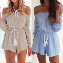 Sexy Slash Neck Long Sleeve Gathered Waist Solid Color Rompers