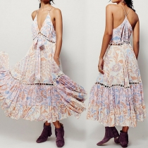 Sexy Backless Deep V-neck Printed Sling Dress