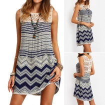 Fashion Lace Spliced Sleeveless Round Neck Printed Dress