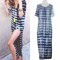 Fashion Short Sleeve Round Neck Slit Hem Tie-dye Printed Dress