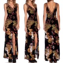 Sexy Backless V-neck Slit Hem Gauze Spliced Printed Dress