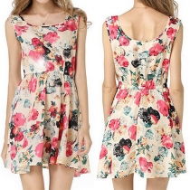 Fashion Sleeveless Round Neck Floral Printed Chiffon Dress