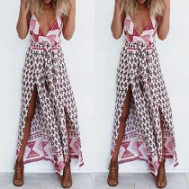 Sexy Deep V-neck Slit Hem Printed Maxi Dress