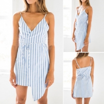 Sexy Backless V-neck Irregular Hem Sling Striped Dress