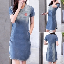 Retro Style Short Sleeve Round Neck Slit Hem Slim Fit Denim Dress